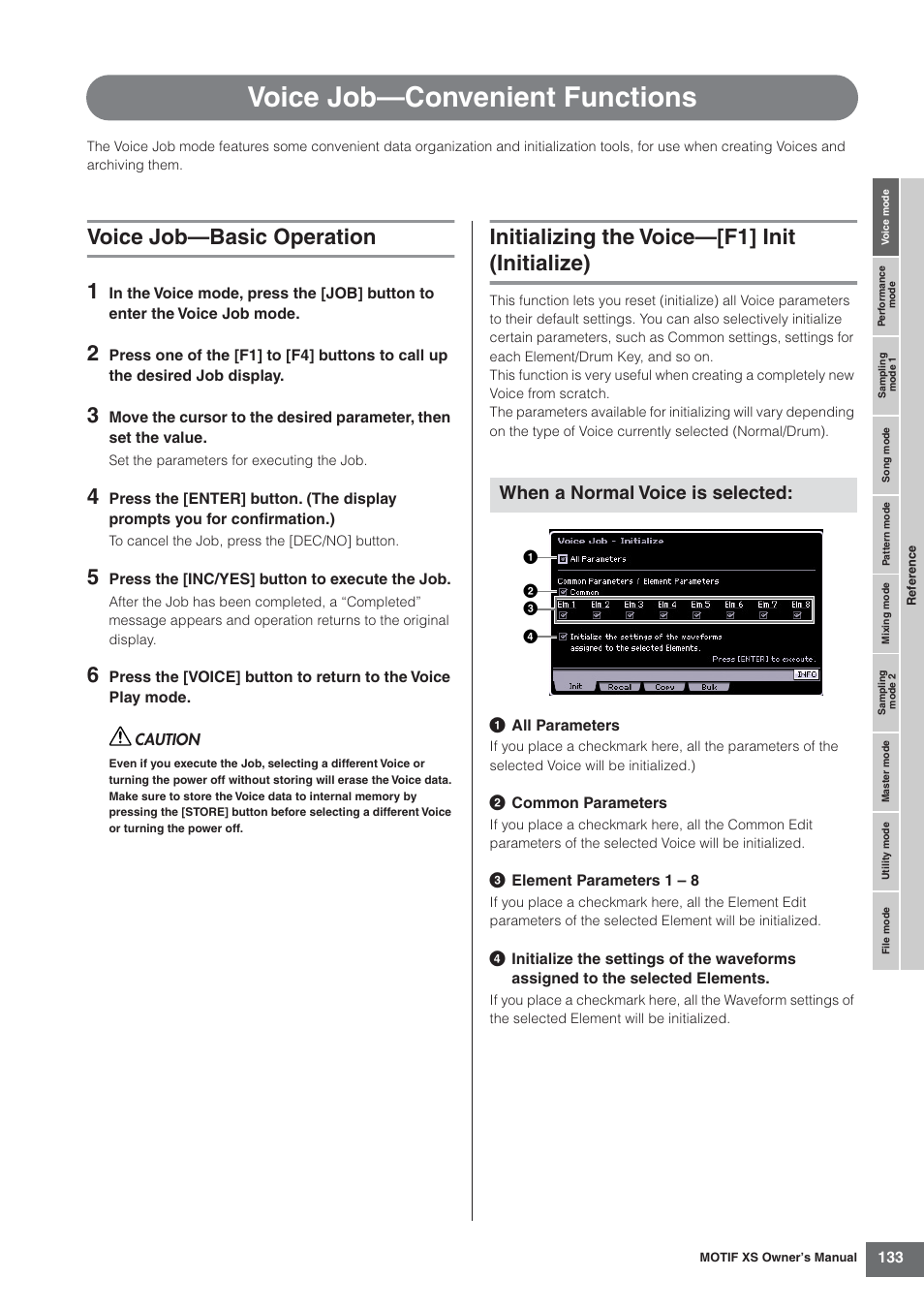 Voice job-convenient functions, Voice job-basic operation, Initializing the voice-[f1] init (initialize) | Voice job—convenient functions, Voice job—basic operation 1, Initializing the voice—[f1] init (initialize), When a normal voice is selected | Yamaha MOTIF XS7  EN User Manual | Page 133 / 320