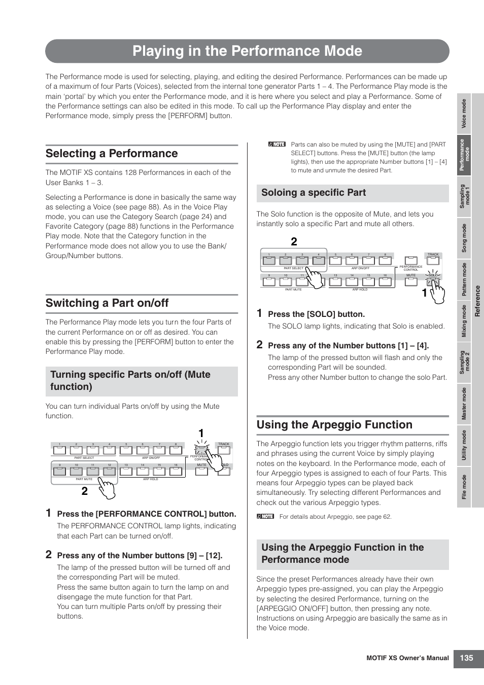 Playing in the performance mode, Selecting a performance, Switching a part on/off | Using the arpeggio function, And 135), Turning specific parts on/off (mute function), Press the [performance control] button, Press any of the number buttons [9] – [12, Press the [solo] button, Press any of the number buttons [1] – [4 | Yamaha MOTIF XS7  EN User Manual | Page 135 / 320