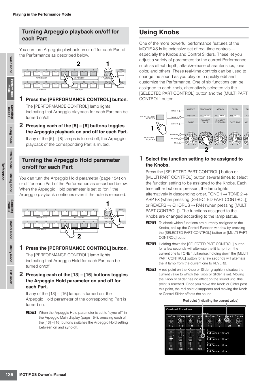 Using knobs, Es 136, Press the [performance control] button | Yamaha MOTIF XS7  EN User Manual | Page 136 / 320