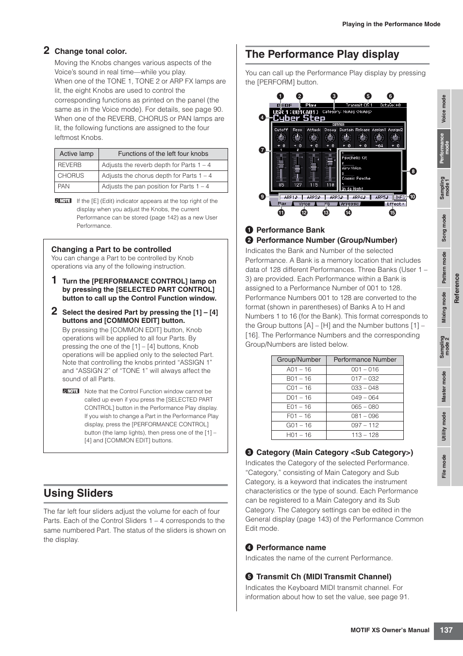 Using sliders, The performance play display | Yamaha MOTIF XS7  EN User Manual | Page 137 / 320