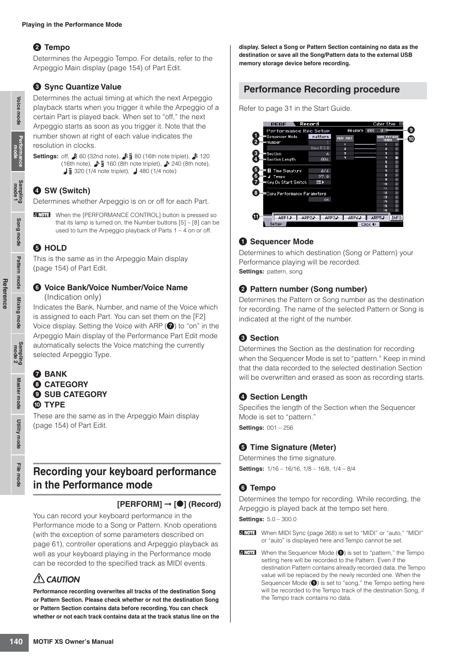 Performance recording procedure | Yamaha MOTIF XS7  EN User Manual | Page 140 / 320