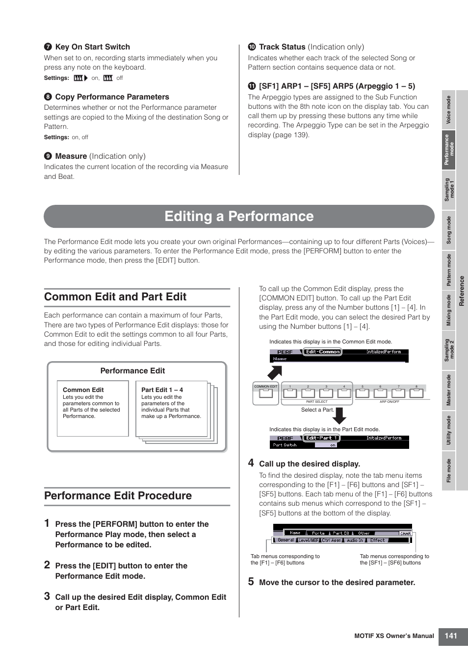 Editing a performance, Common edit and part edit, Performance edit procedure | Performance edit procedure 1 | Yamaha MOTIF XS7  EN User Manual | Page 141 / 320