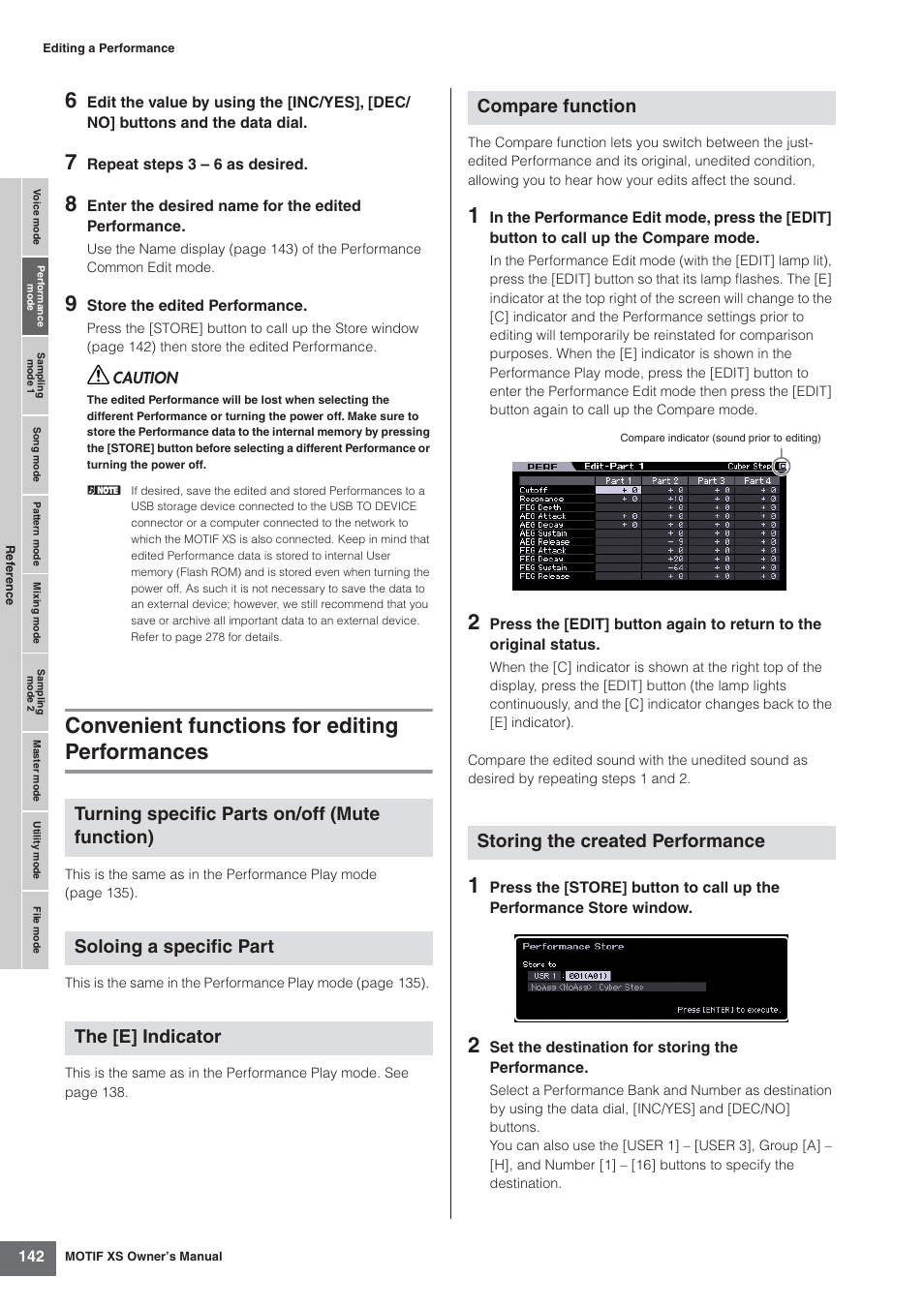 Convenient functions for editing performances, Compare function storing the created performance | Yamaha MOTIF XS7  EN User Manual | Page 142 / 320