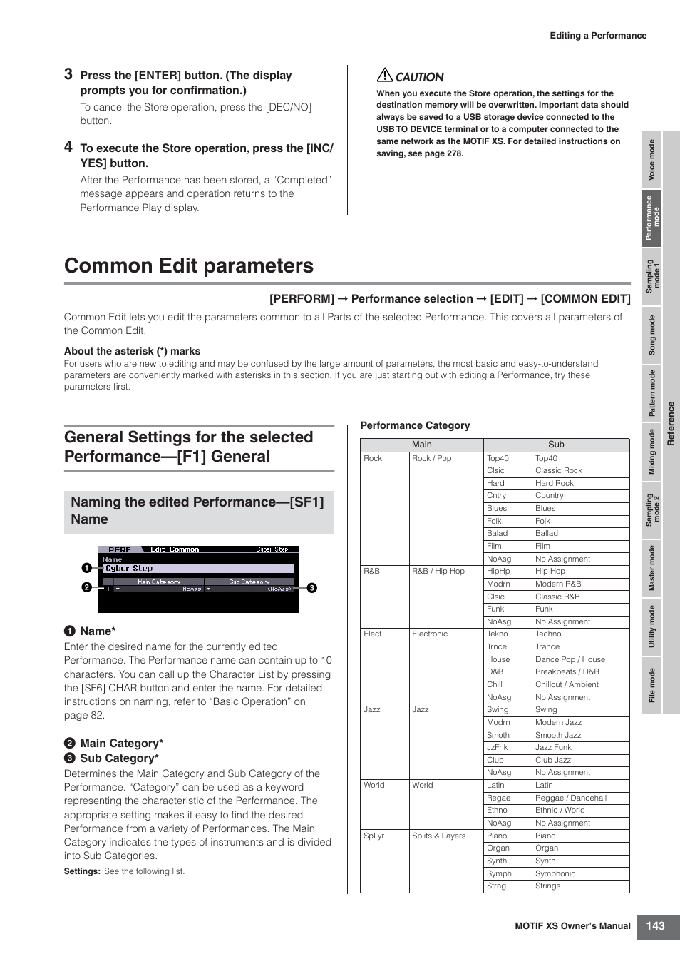 Common edit parameters, Naming the edited performance—[sf1] name, 1 name | 2 main category* 3 sub category, Caution | Yamaha MOTIF XS7  EN User Manual | Page 143 / 320