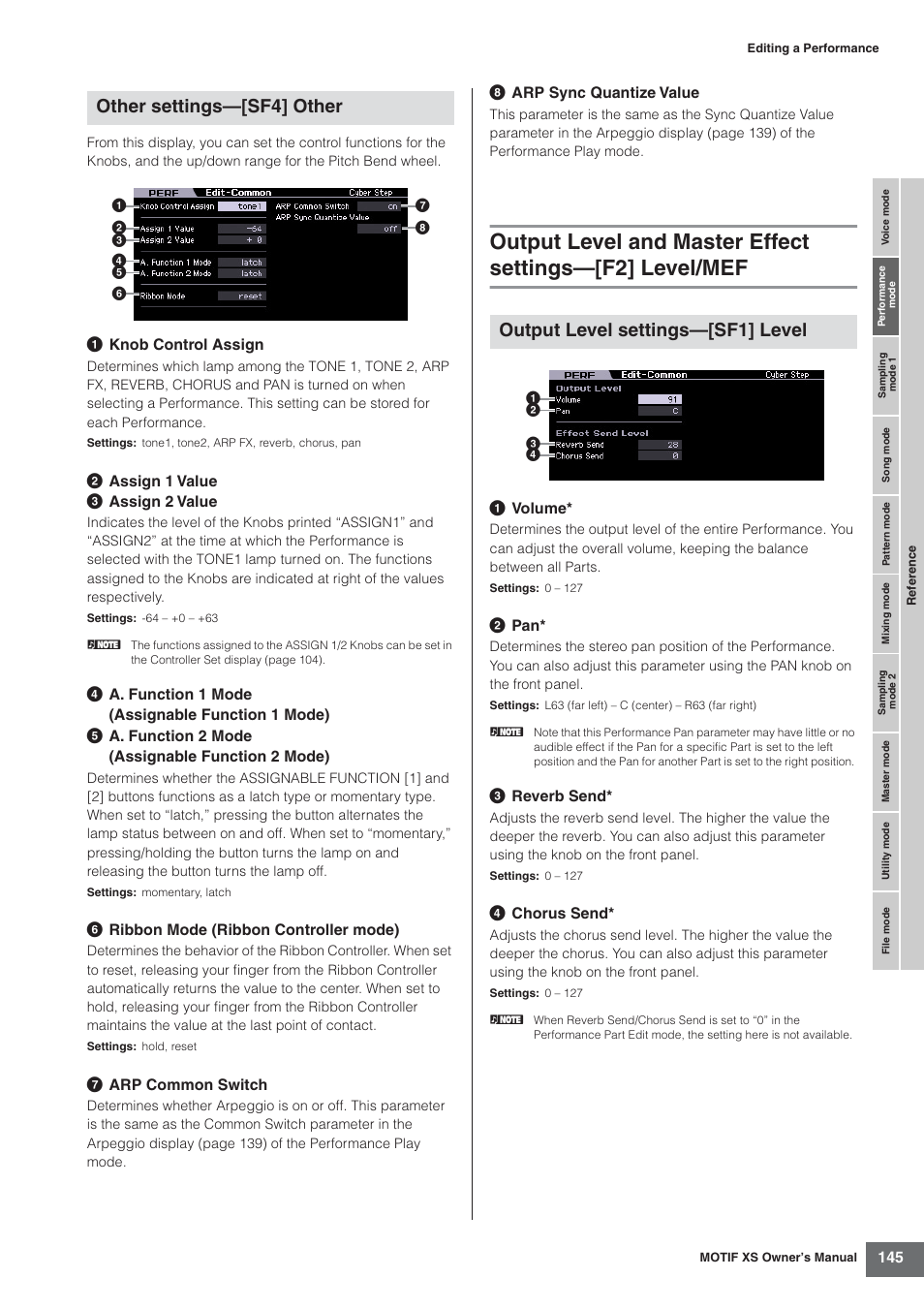 Other settings—[sf4] other, Output level settings—[sf1] level | Yamaha MOTIF XS7  EN User Manual | Page 145 / 320
