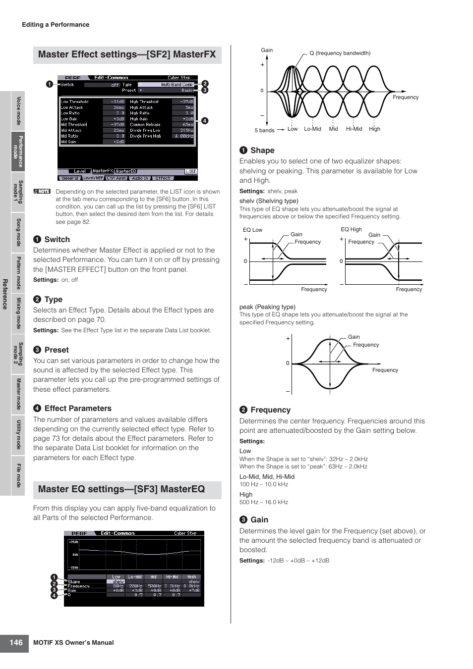 Es 146 and 264), 1 switch, 2 type | 3 preset, 4 effect parameters, 1 shape, 2 frequency, 3 gain | Yamaha MOTIF XS7  EN User Manual | Page 146 / 320