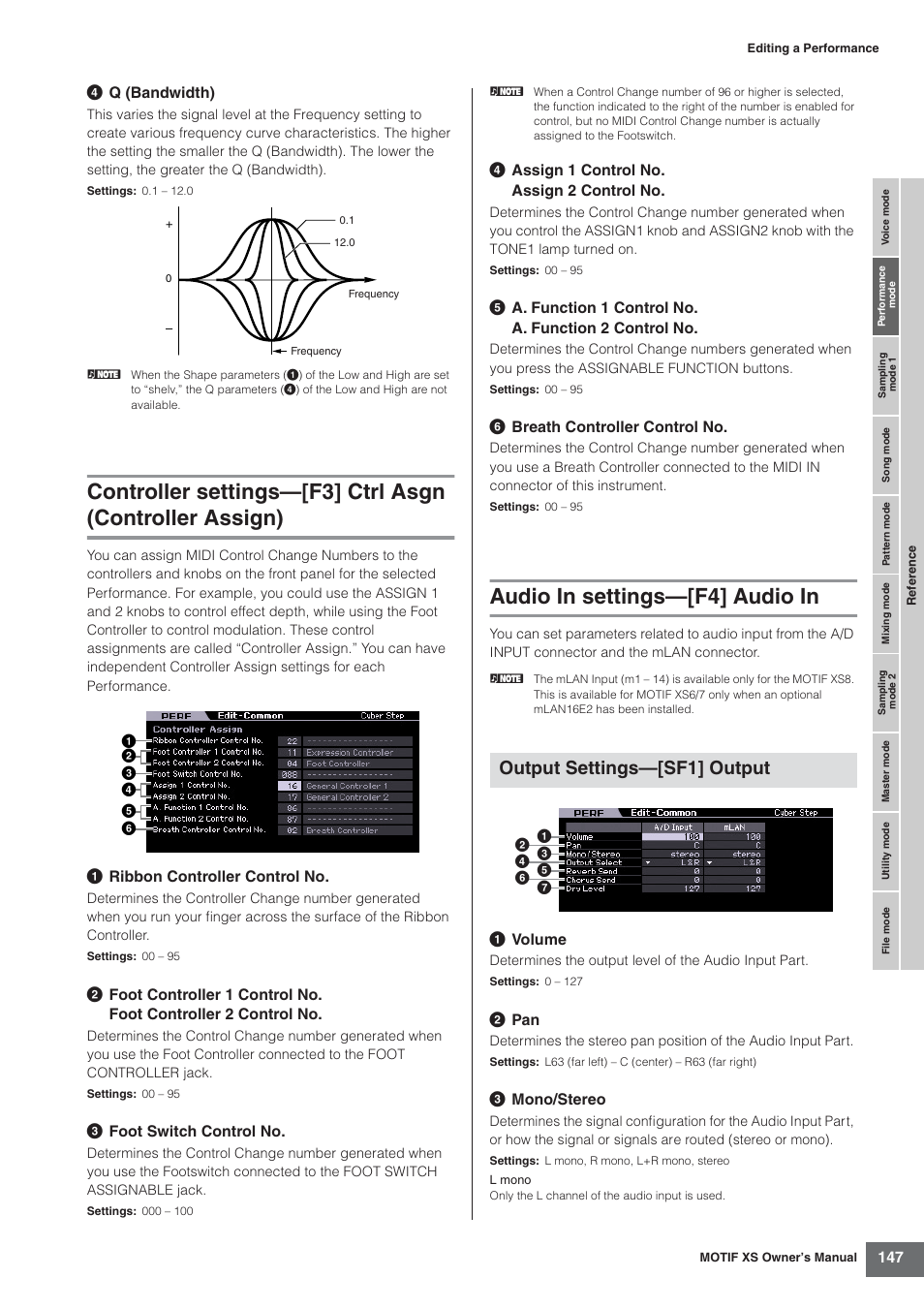 Audio in settings-[f4] audio in, 147 and, Audio in settings—[f4] audio in | Output settings—[sf1] output | Yamaha MOTIF XS7  EN User Manual | Page 147 / 320