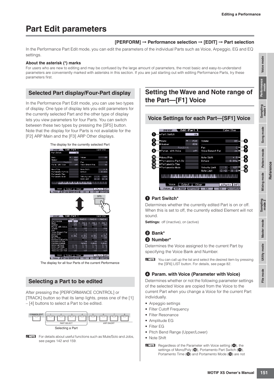 Part edit parameters, Voice settings for each part—[sf1] voice, 1 part switch | 2 bank* 3 number, 4 param. with voice (parameter with voice) | Yamaha MOTIF XS7  EN User Manual | Page 151 / 320