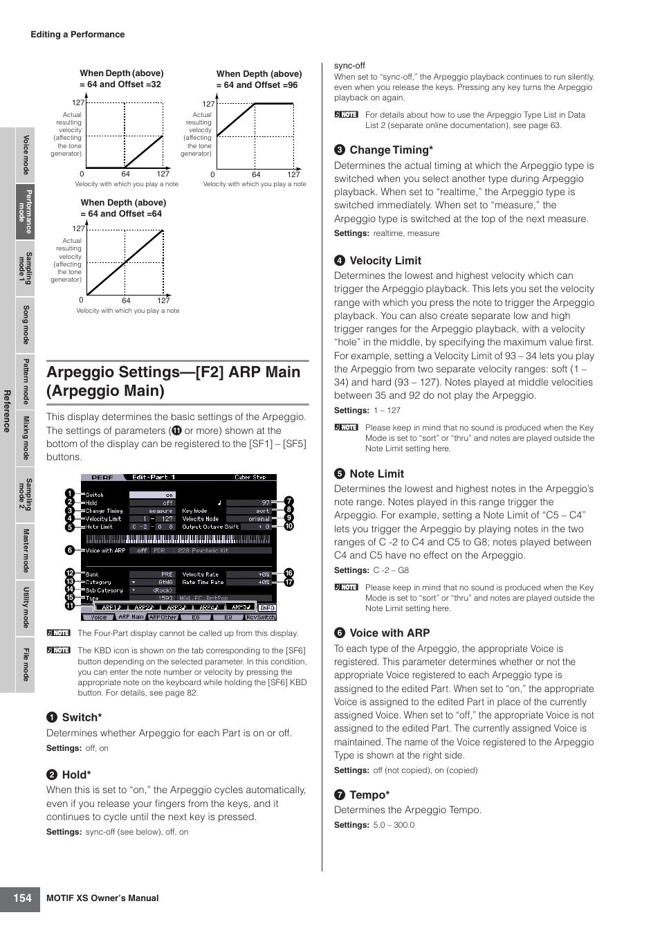 Arpeggio settings-[f2] arp main (arpeggio main), Arpeggio settings—[f2] arp main (arpeggio main), 1 switch | 2 hold, 3 change timing, 4 velocity limit, 6 voice with arp, 7 tempo | Yamaha MOTIF XS7  EN User Manual | Page 154 / 320