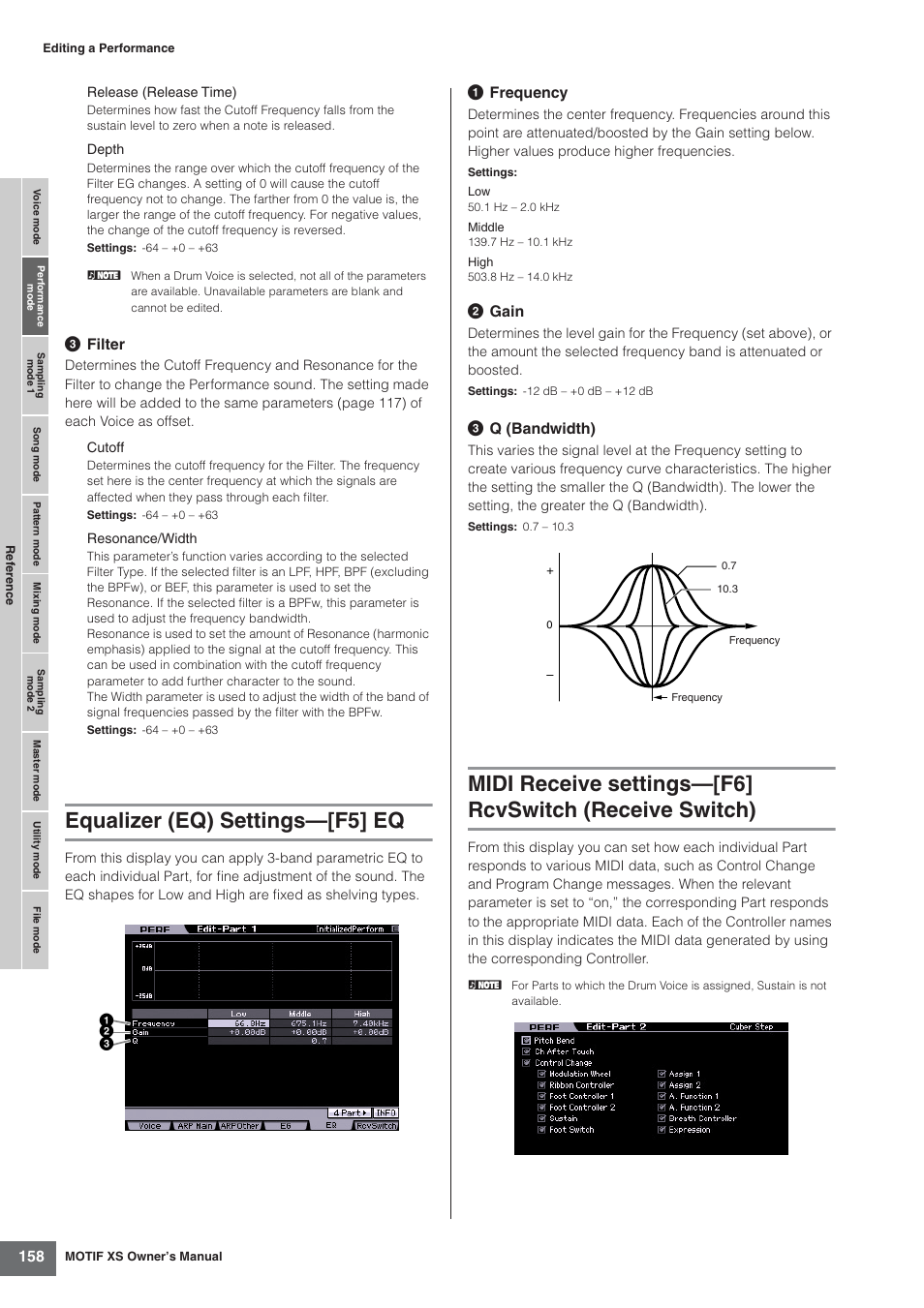 Equalizer (eq) settings-[f5] eq, Equalizer (eq) settings—[f5] eq, 3 filter | 1 frequency, 2 gain, 3 q (bandwidth) | Yamaha MOTIF XS7  EN User Manual | Page 158 / 320