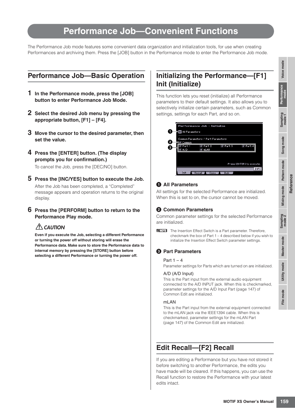 Performance job-convenient functions, Performance job-basic operation, Edit recall-[f2] recall | Performance job—convenient functions, Performance job—basic operation 1, Edit recall—[f2] recall | Yamaha MOTIF XS7  EN User Manual | Page 159 / 320