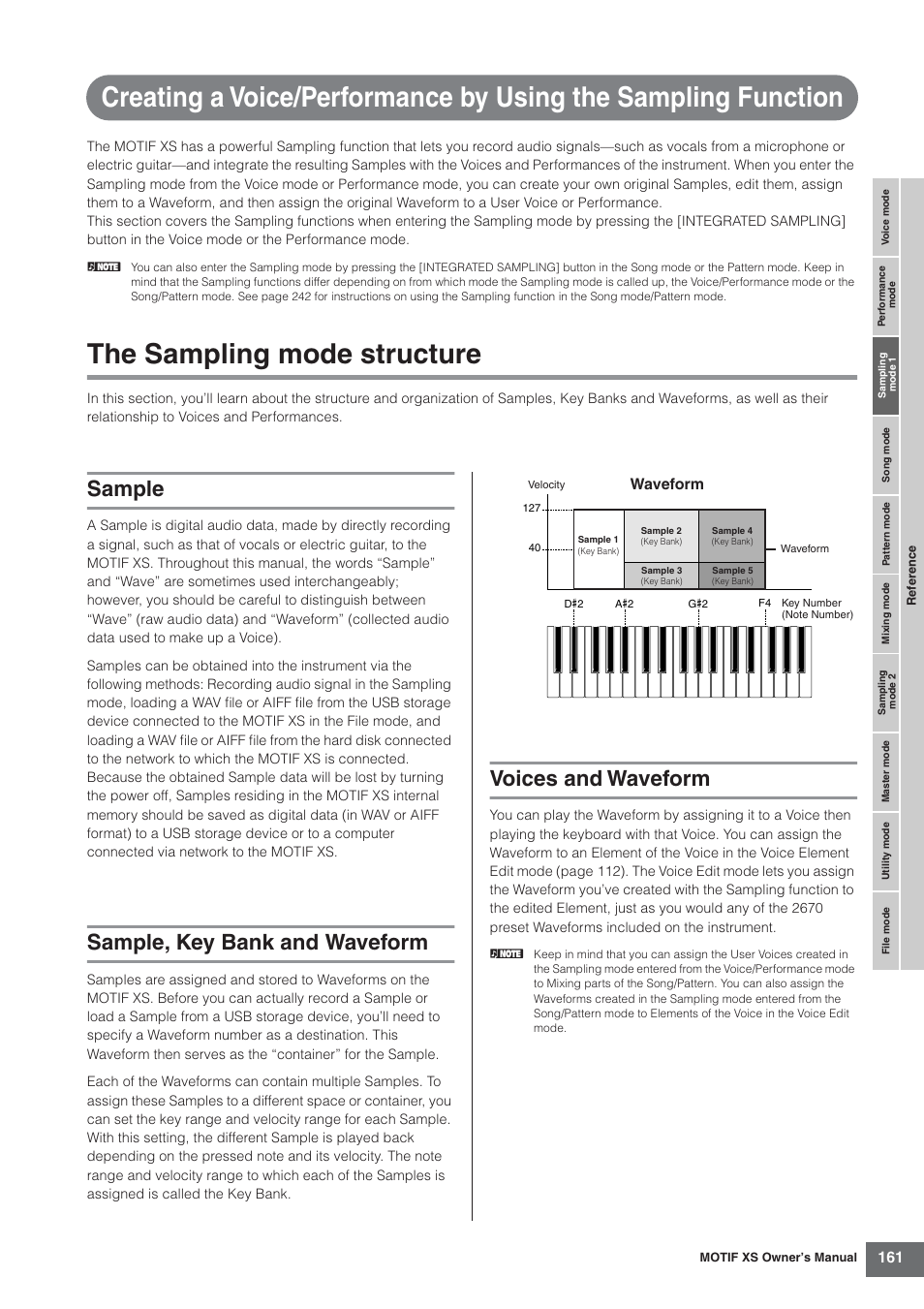 The sampling mode structure, Sample, Sample, key bank and waveform | Voices and waveform, 161 and, Waveform | Yamaha MOTIF XS7  EN User Manual | Page 161 / 320