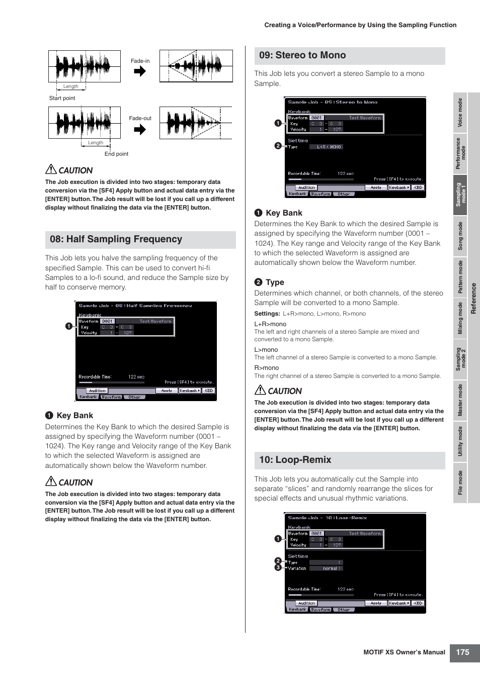 Half sampling frequency, Stereo to mono 10: loop-remix, 1 key bank | 2 type, Caution | Yamaha MOTIF XS7  EN User Manual | Page 175 / 320