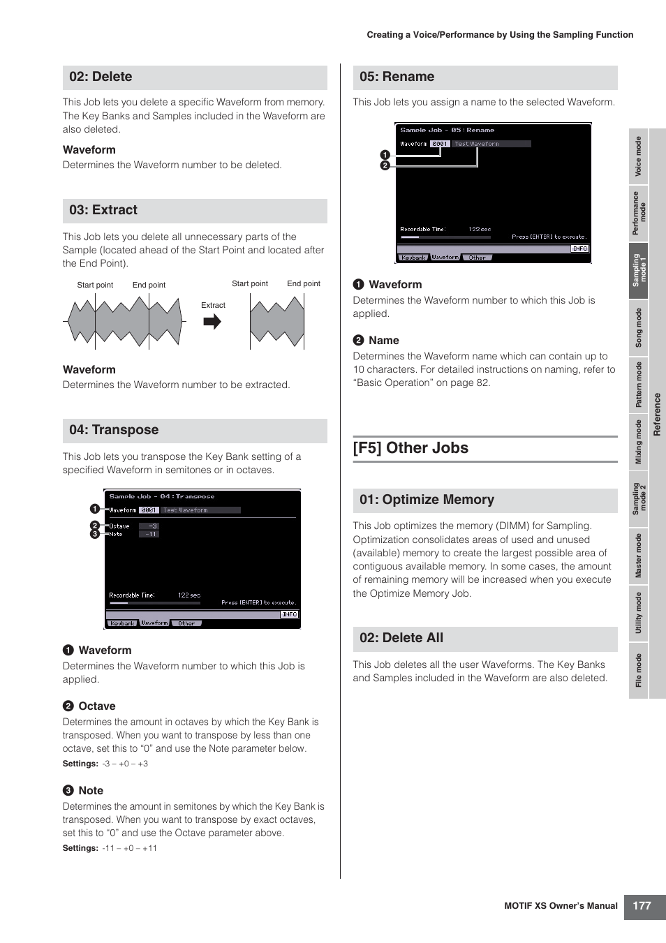 F5] other jobs, Delete 03: extract 04: transpose | Yamaha MOTIF XS7  EN User Manual | Page 177 / 320