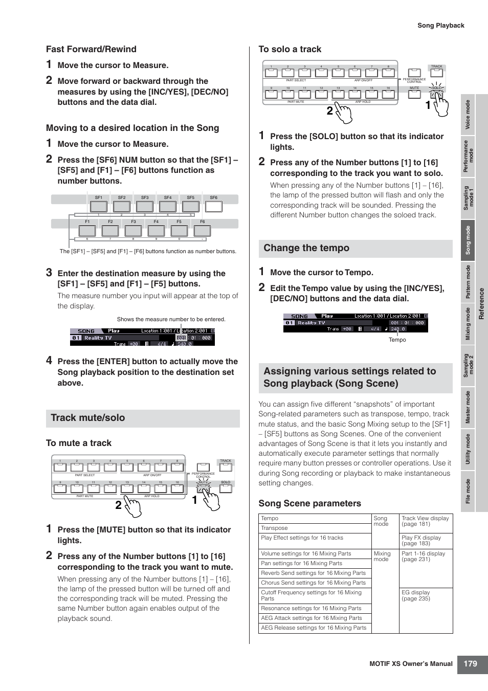 Es 33 and 179), Track mute/solo, Fast forward/rewind | Moving to a desired location in the song, Song scene parameters, Move the cursor to measure, Move the cursor to tempo | Yamaha MOTIF XS7  EN User Manual | Page 179 / 320