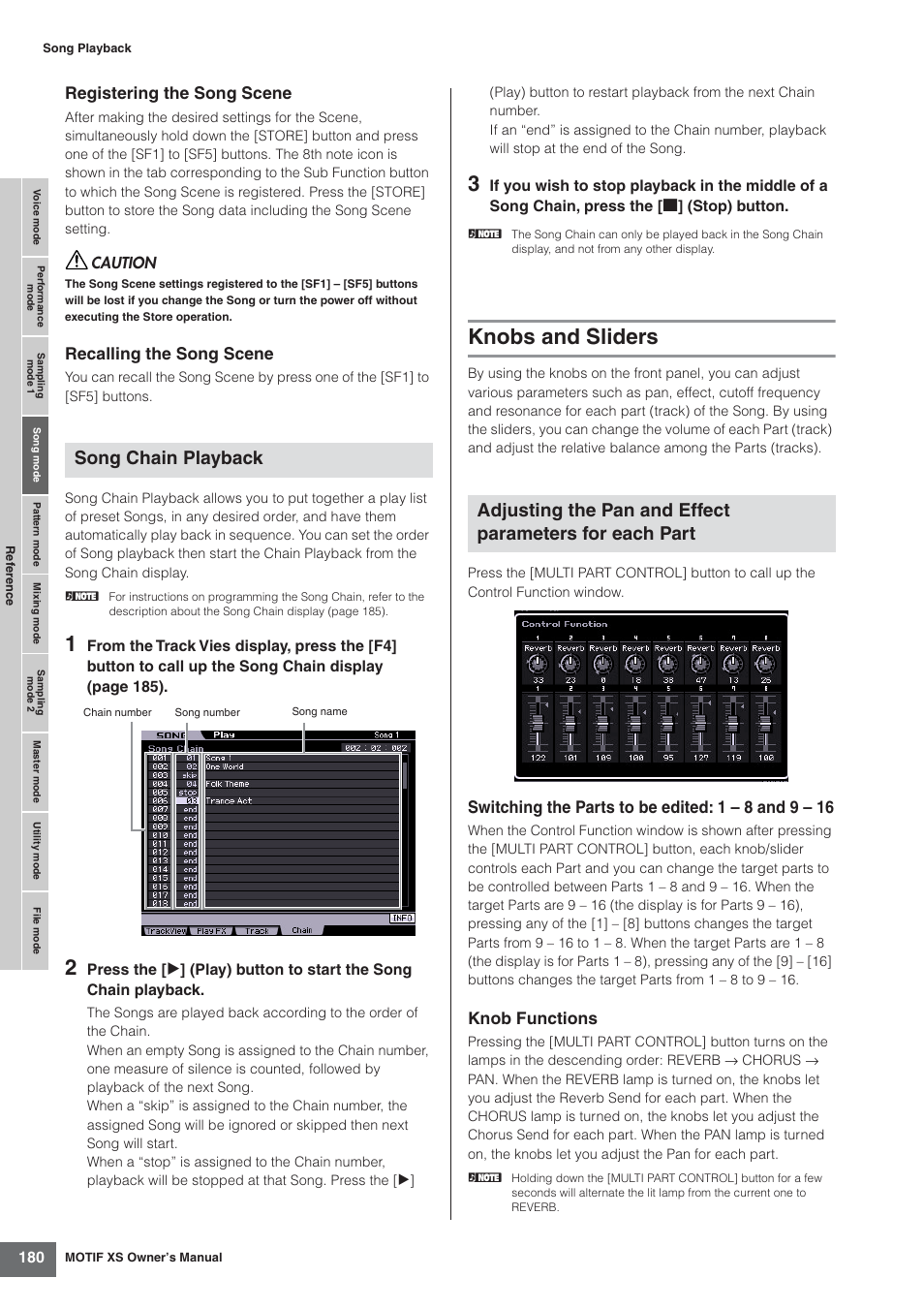 Knobs and sliders, And 180), Song chain playback | Registering the song scene, Recalling the song scene, Knob functions | Yamaha MOTIF XS7  EN User Manual | Page 180 / 320