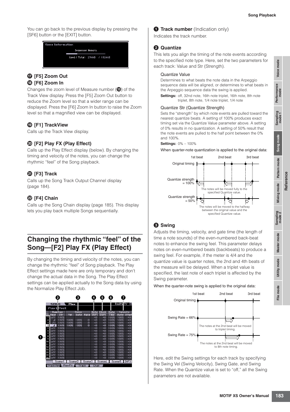 F5] zoom out * [f6] zoom in, F1] trackview, º [f2] play fx (play effect) | F3] track, F4] chain, 1 track number (indication only), 2 quantize, 3 swing | Yamaha MOTIF XS7  EN User Manual | Page 183 / 320