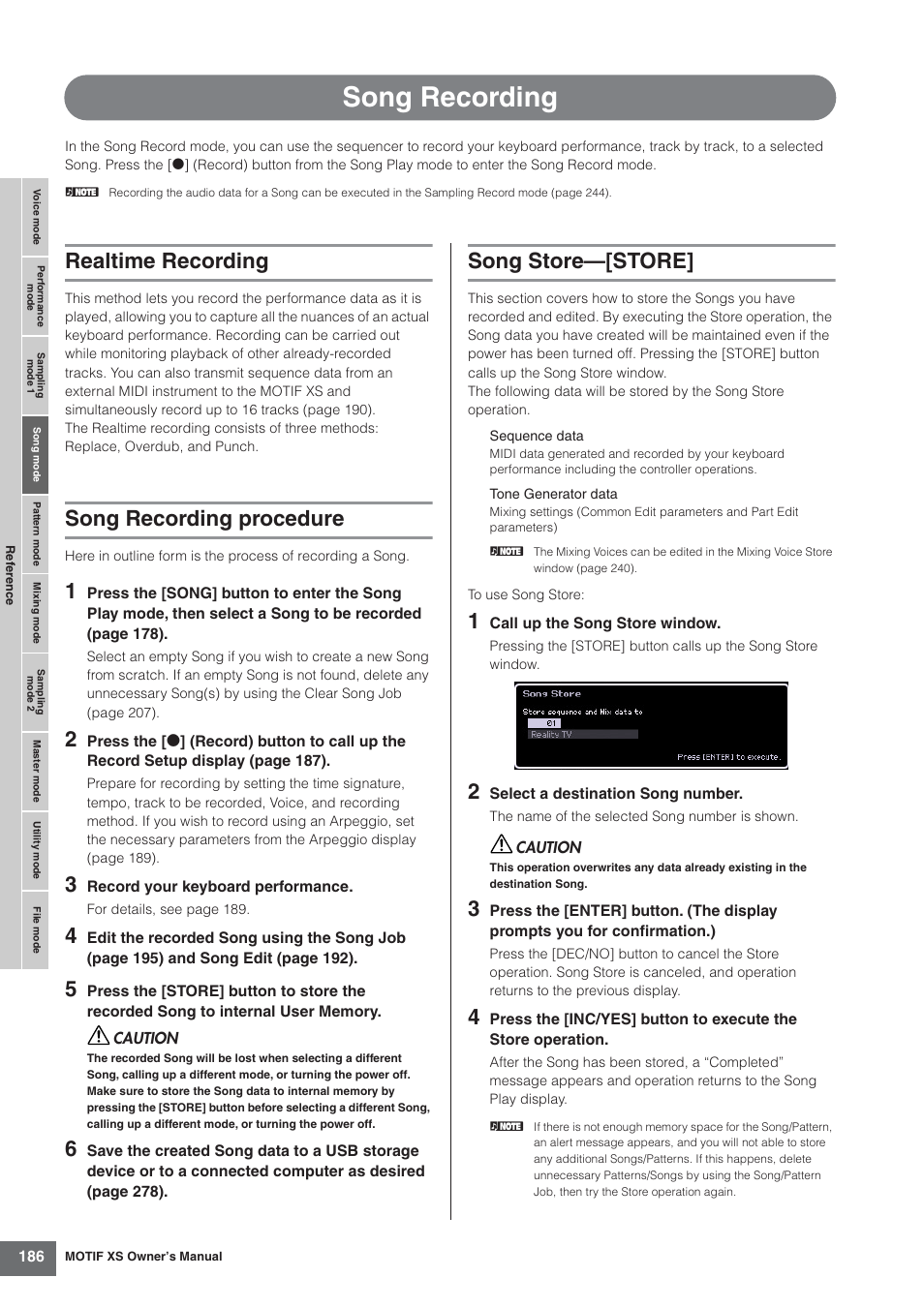 Song recording, Realtime recording, Song recording procedure | Song store-[store, Song store—[store | Yamaha MOTIF XS7  EN User Manual | Page 186 / 320