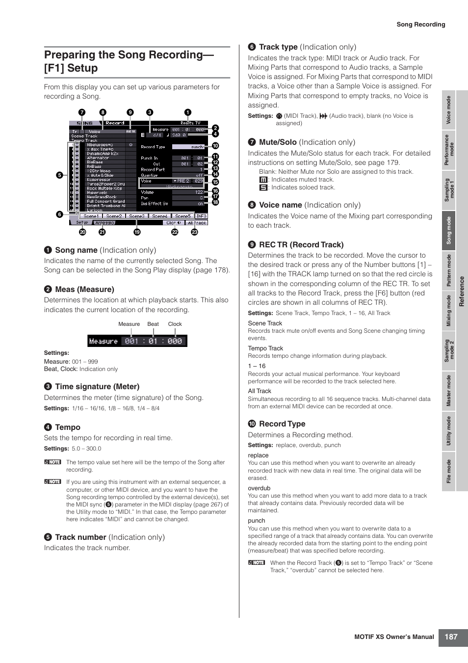 Preparing the song recording- [f1] setup, Preparing the song recording— [f1] setup | Yamaha MOTIF XS7  EN User Manual | Page 187 / 320