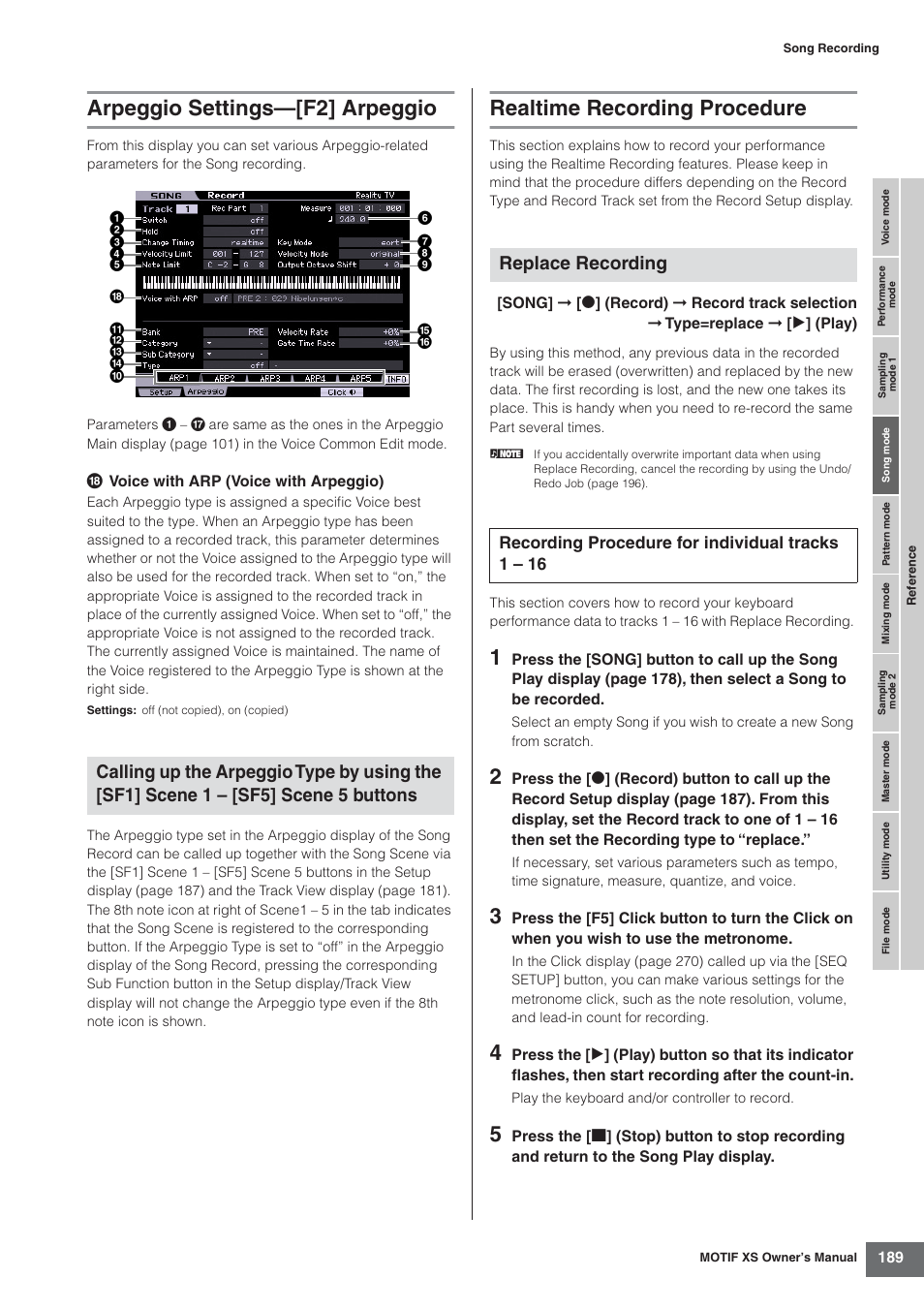 Arpeggio settings-[f2] arpeggio, Realtime recording procedure, Arpeggio settings—[f2] arpeggio | Replace recording | Yamaha MOTIF XS7  EN User Manual | Page 189 / 320