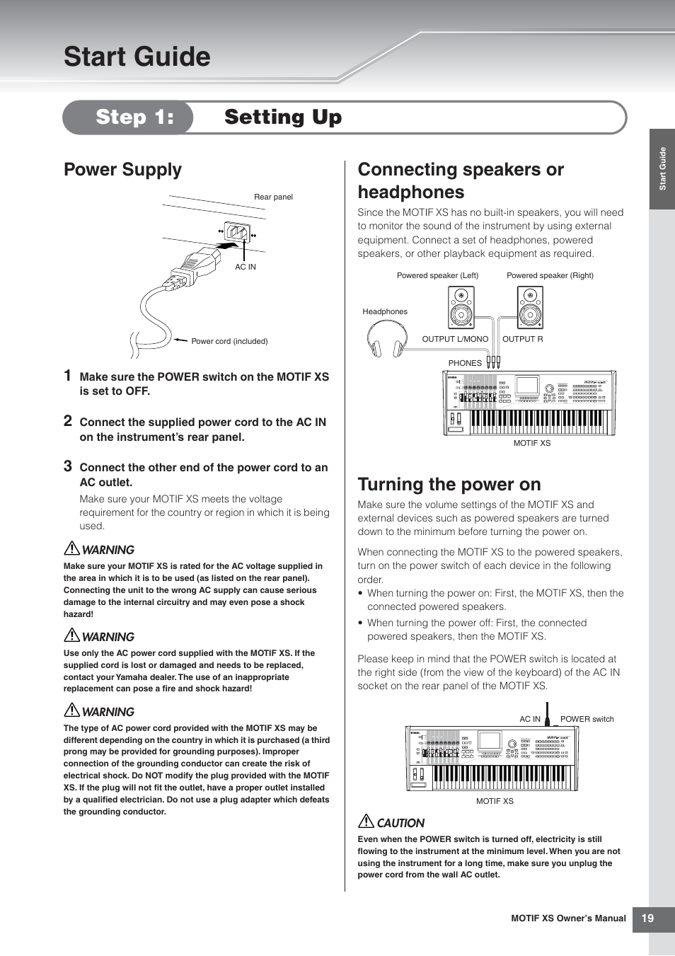 Start guide, Step 1: setting up, Power supply | Connecting speakers or headphones, Turning the power on | Yamaha MOTIF XS7  EN User Manual | Page 19 / 320