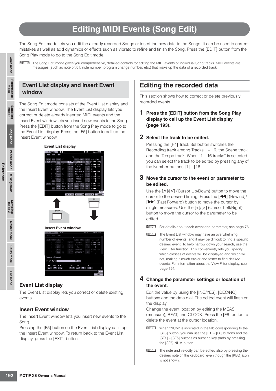 Editing midi events (song edit), Editing the recorded data, Ge 192) | Event list display and insert event window, Event list display, Insert event window | Yamaha MOTIF XS7  EN User Manual | Page 192 / 320