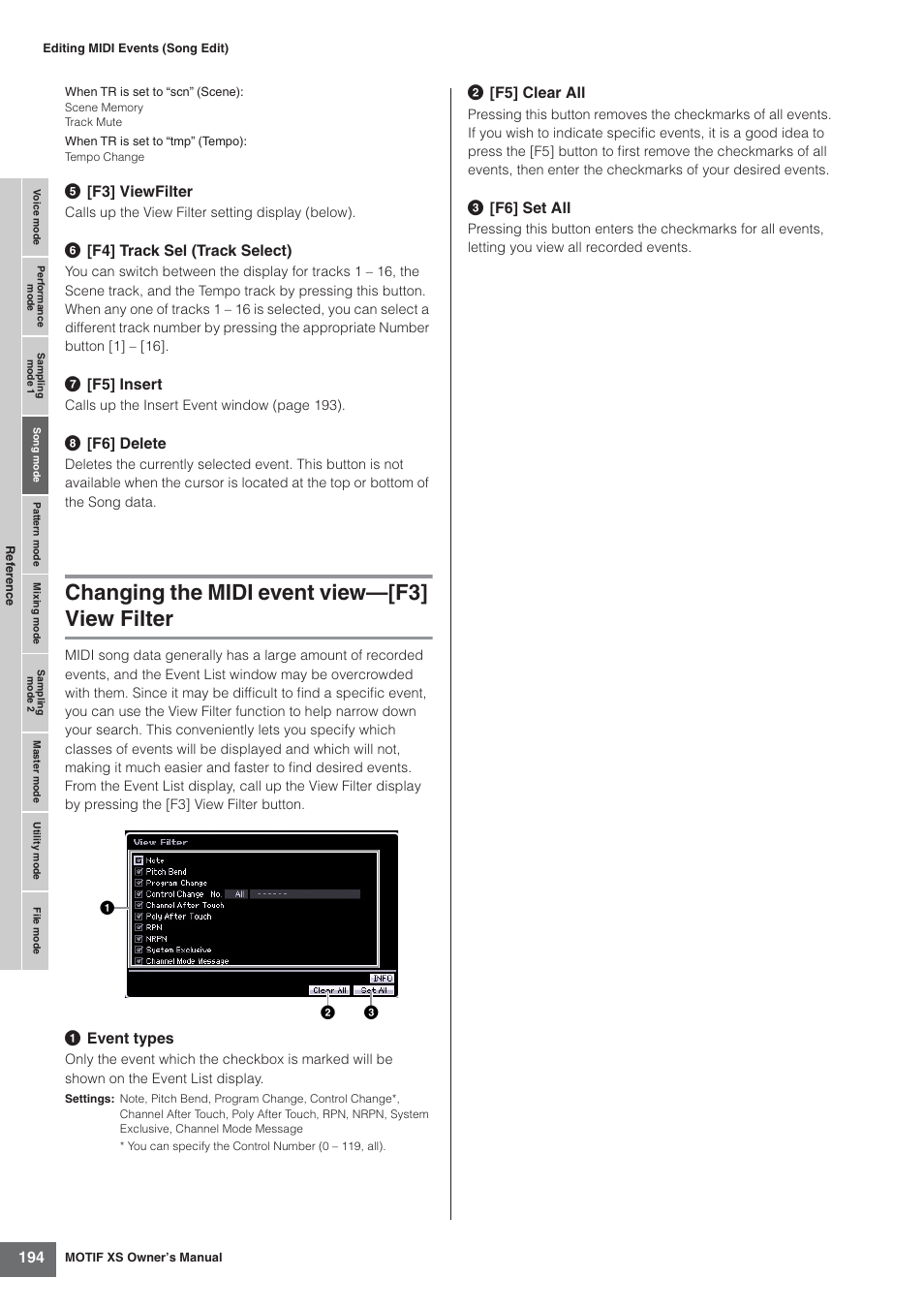 Changing the midi event view-[f3] view filter, Changing the midi event view—[f3] view filter | Yamaha MOTIF XS7  EN User Manual | Page 194 / 320