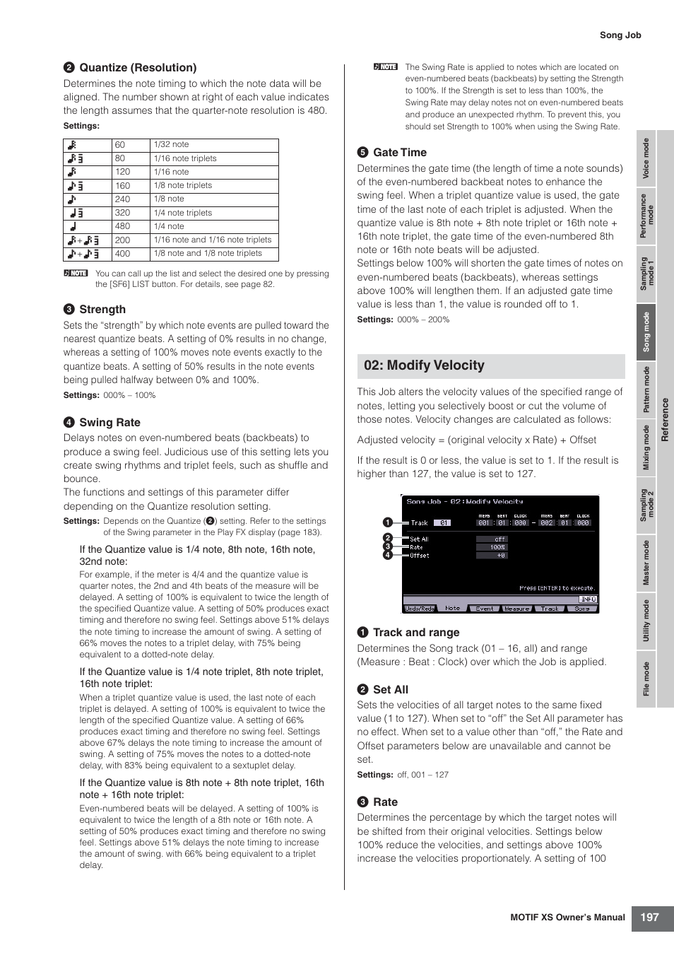 Modify velocity, 2 quantize (resolution), 3 strength | 4 swing rate, 5 gate time, 1 track and range, 2 set all, 3 rate | Yamaha MOTIF XS7  EN User Manual | Page 197 / 320