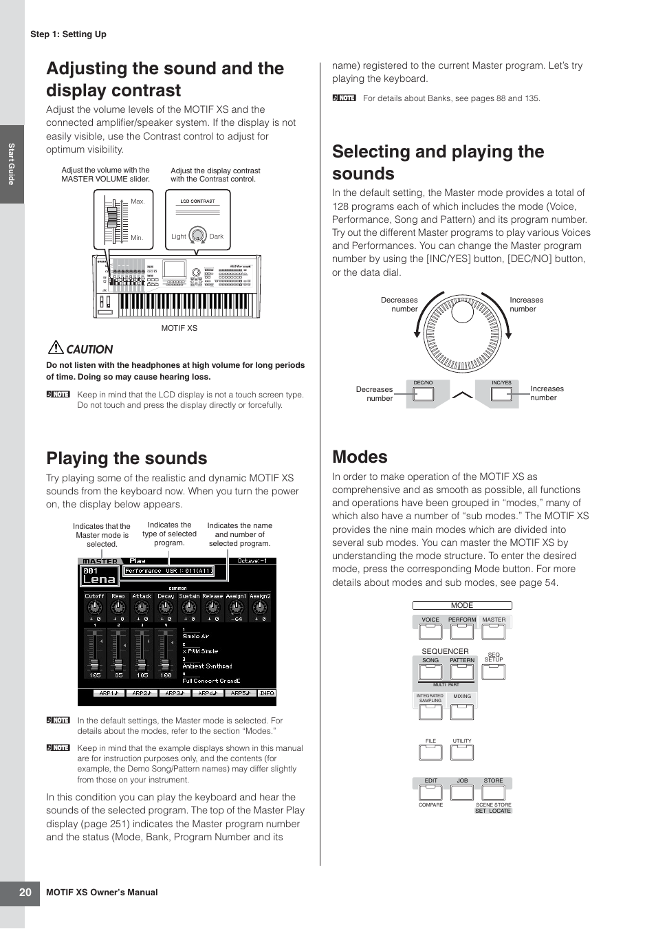 Adjusting the sound and the display contrast, Playing the sounds, Selecting and playing the sounds | Modes, Caution | Yamaha MOTIF XS7  EN User Manual | Page 20 / 320