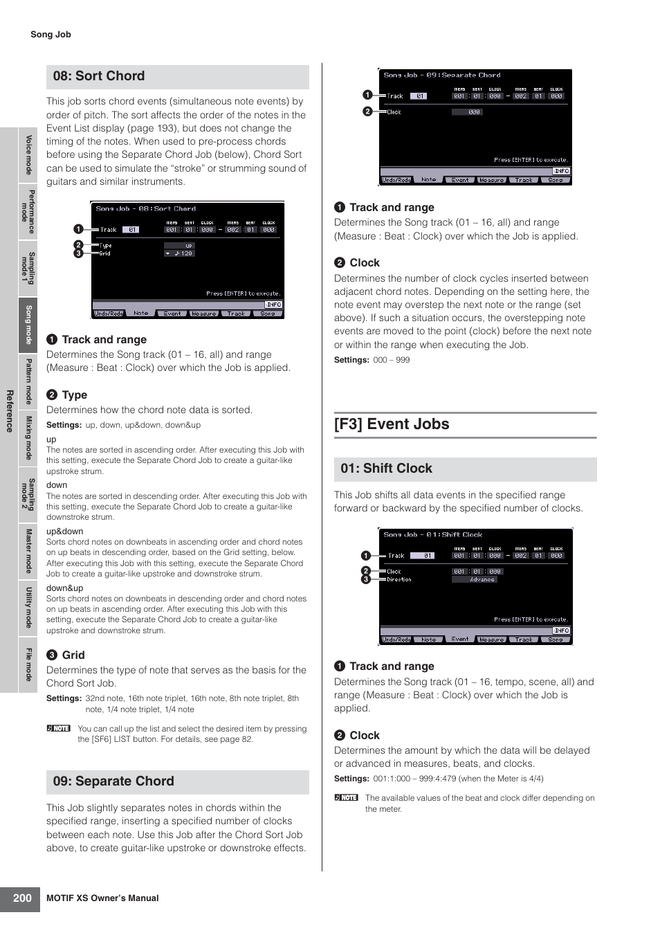 F3] event jobs, Sort chord 09: separate chord, Shift clock | Yamaha MOTIF XS7  EN User Manual | Page 200 / 320