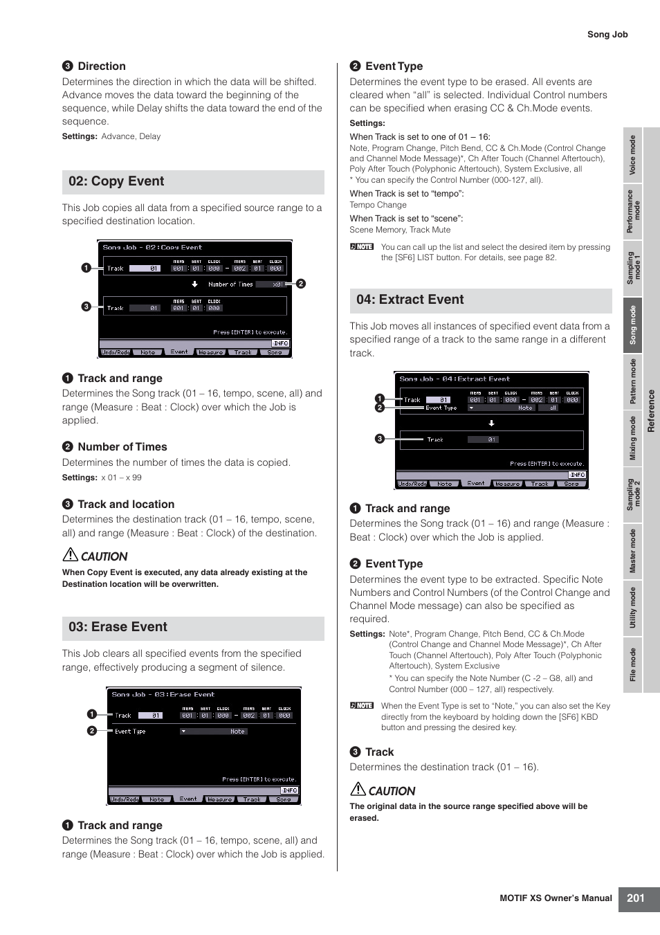 Copy event 03: erase event, Extract event | Yamaha MOTIF XS7  EN User Manual | Page 201 / 320