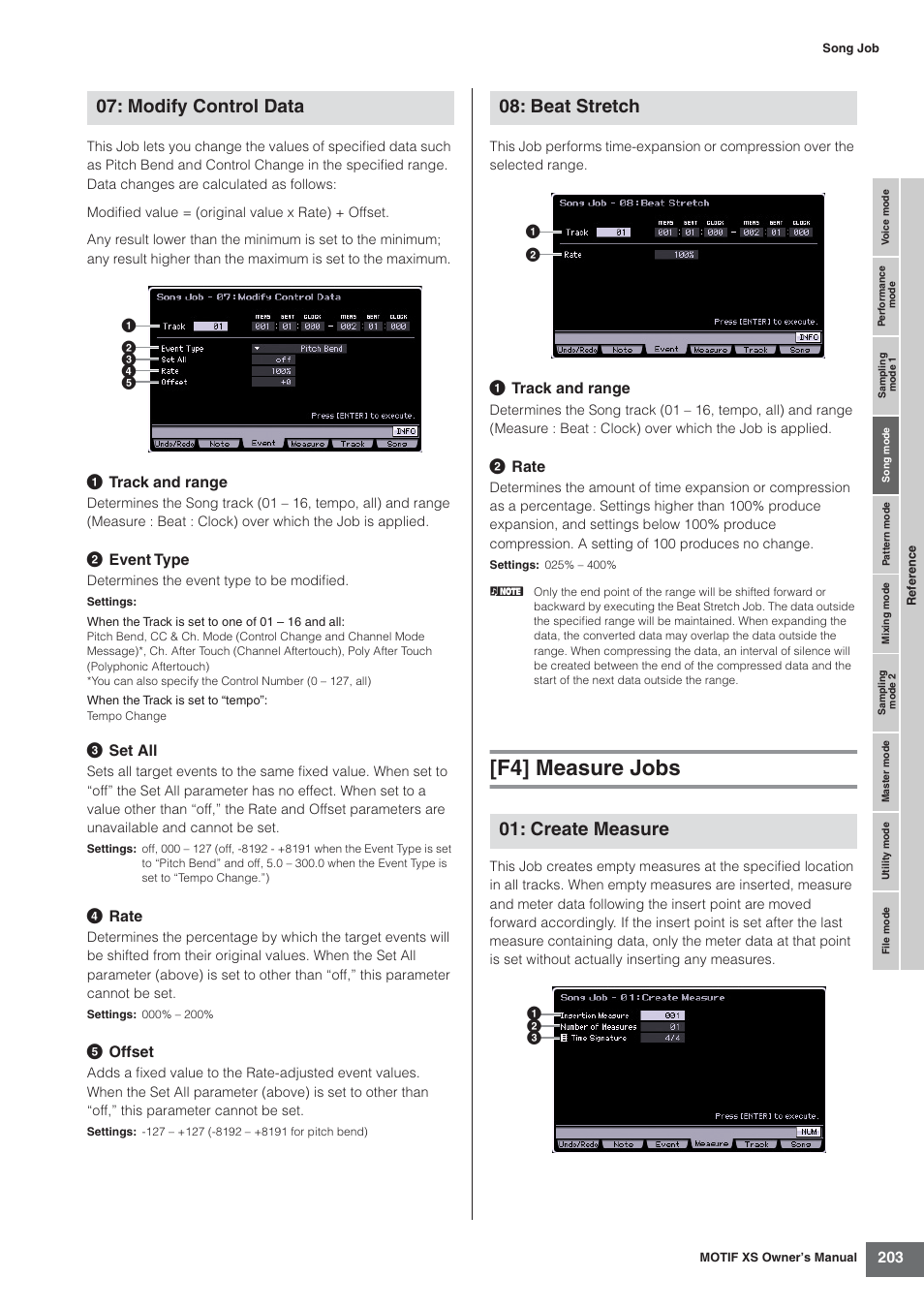F4] measure jobs, Modify control data, Beat stretch 01: create measure | Yamaha MOTIF XS7  EN User Manual | Page 203 / 320