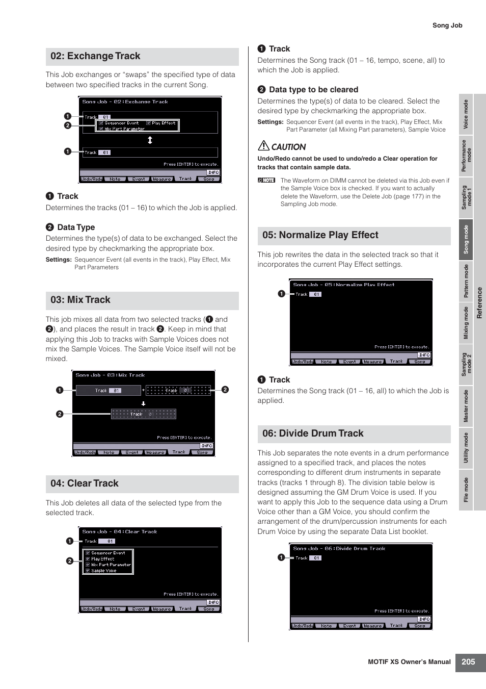 Exchange track 03: mix track 04: clear track, Normalize play effect 06: divide drum track | Yamaha MOTIF XS7  EN User Manual | Page 205 / 320