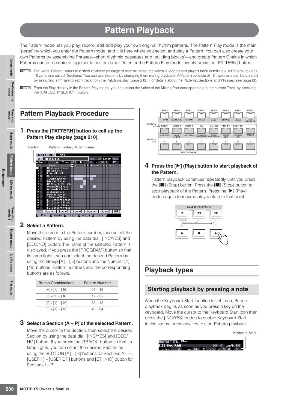 Pattern playback, Pattern playback procedure, Playback types | Pattern playback procedure 1, Select a pattern | Yamaha MOTIF XS7  EN User Manual | Page 208 / 320
