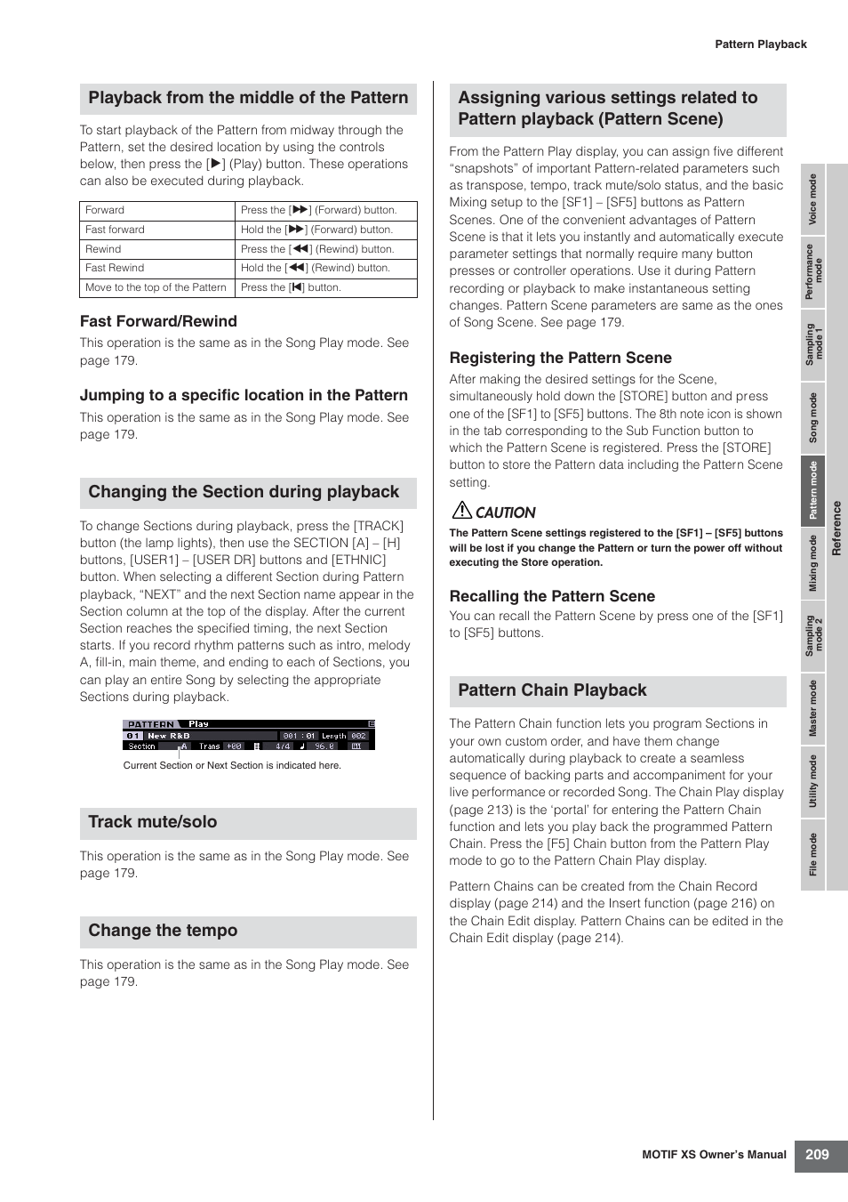 Playback from the middle of the pattern, Fast forward/rewind, Jumping to a specific location in the pattern | Registering the pattern scene, Recalling the pattern scene | Yamaha MOTIF XS7  EN User Manual | Page 209 / 320
