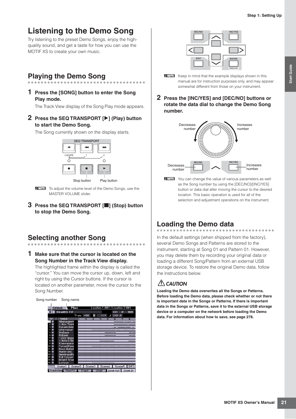 Listening to the demo song, Playing the demo song, Selecting another song | Loading the demo data, Es 21, Playing the demo song 1, Selecting another song 1 | Yamaha MOTIF XS7  EN User Manual | Page 21 / 320