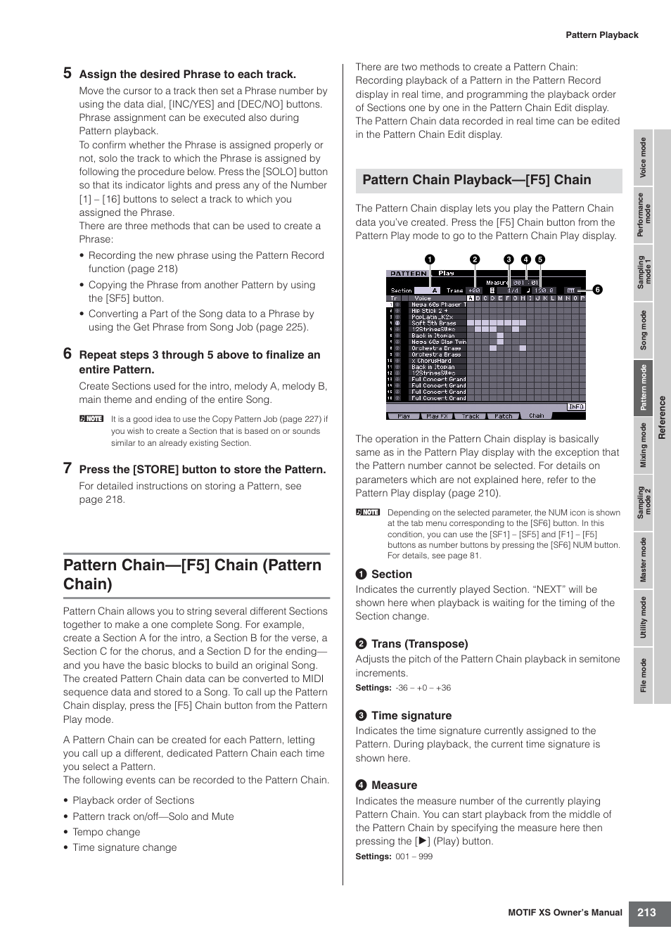 Pattern chain-[f5] chain (pattern chain), Pattern chain—[f5] chain (pattern chain), Pattern chain playback—[f5] chain | Yamaha MOTIF XS7  EN User Manual | Page 213 / 320