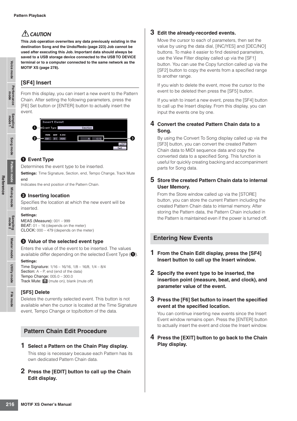 Pattern chain edit procedure, Entering new events | Yamaha MOTIF XS7  EN User Manual | Page 216 / 320