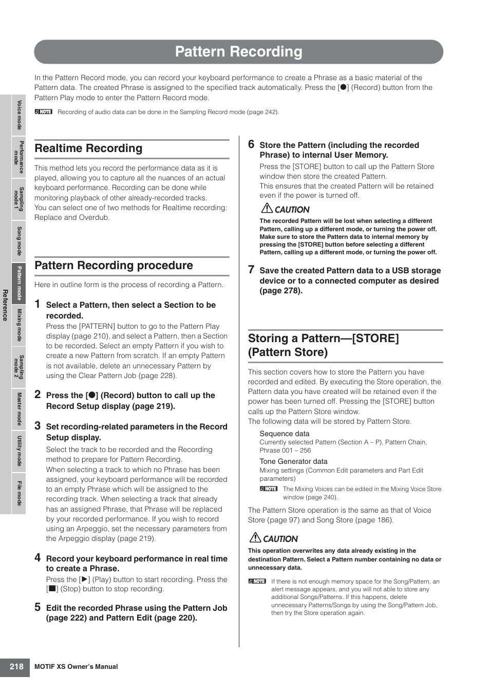 Pattern recording, Realtime recording, Pattern recording procedure | Storing a pattern-[store] (pattern store), Storing a pattern—[store] (pattern store) | Yamaha MOTIF XS7  EN User Manual | Page 218 / 320