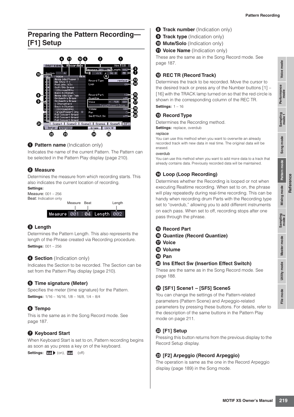 Preparing the pattern recording- [f1] setup, Preparing the pattern recording— [f1] setup | Yamaha MOTIF XS7  EN User Manual | Page 219 / 320