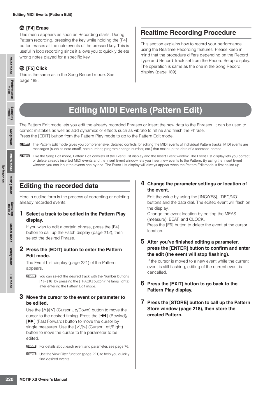 Realtime recording procedure, Editing midi events (pattern edit), Editing the recorded data | Yamaha MOTIF XS7  EN User Manual | Page 220 / 320