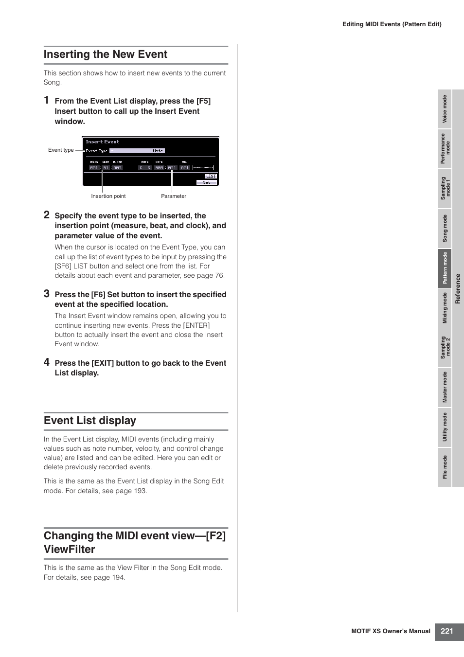 Inserting the new event, Event list display, Changing the midi event view-[f2] viewfilter | Changing the midi event view—[f2] viewfilter | Yamaha MOTIF XS7  EN User Manual | Page 221 / 320