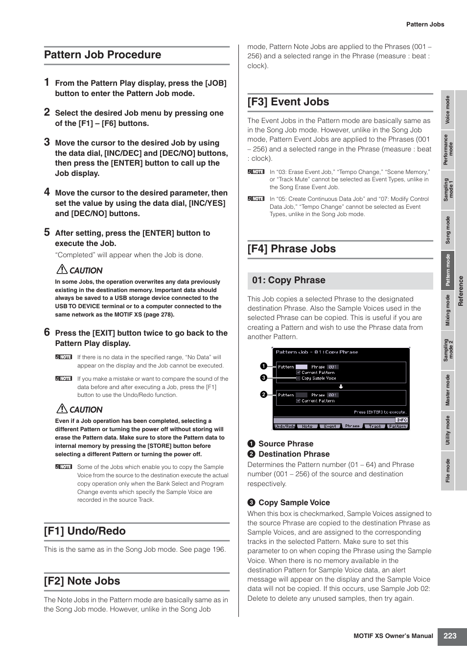 Pattern job procedure, F1] undo/redo, F2] note jobs | F3] event jobs, F4] phrase jobs, Pattern job procedure 1, Copy phrase | Yamaha MOTIF XS7  EN User Manual | Page 223 / 320