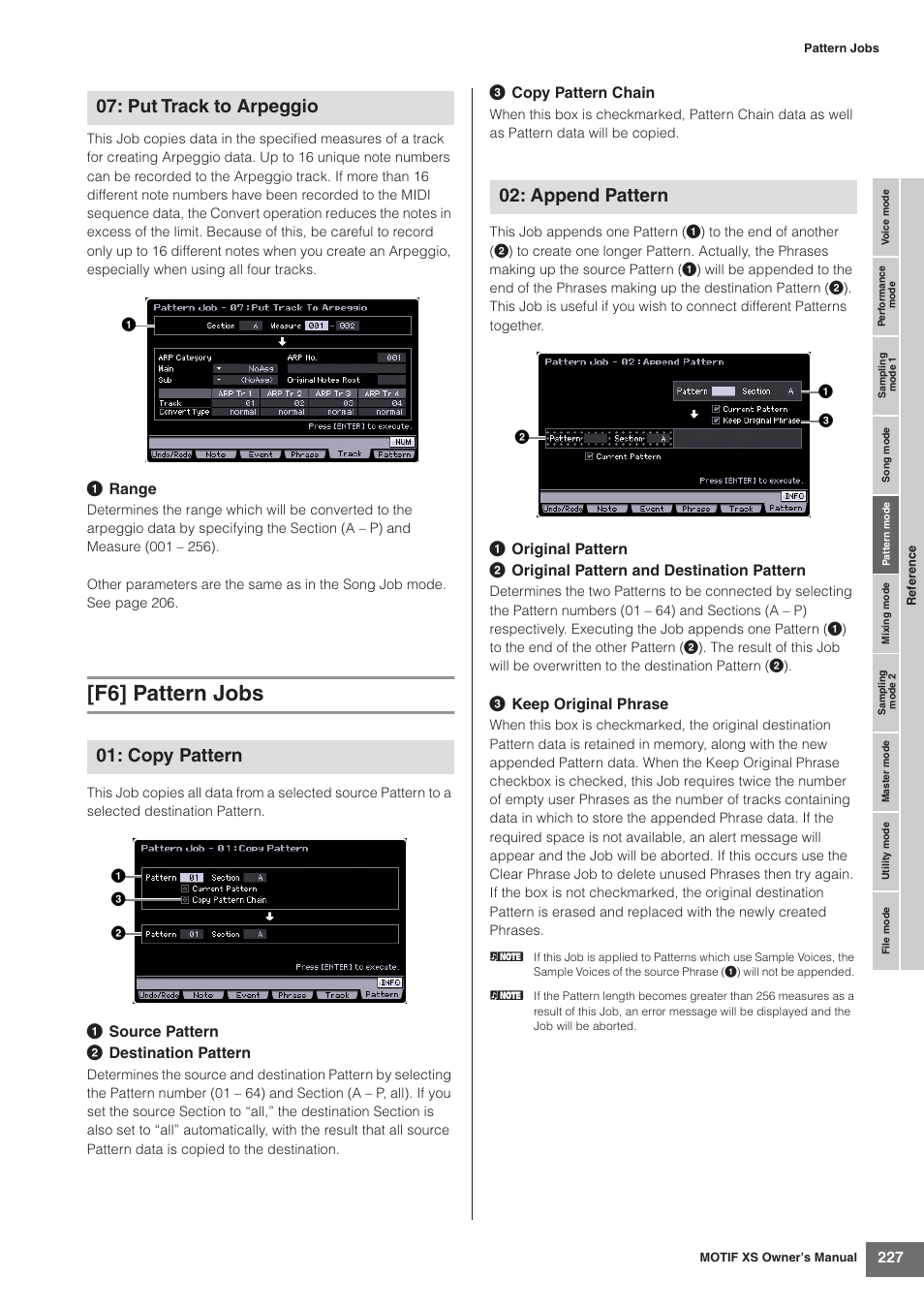F6] pattern jobs, Put track to arpeggio 01: copy pattern, Append pattern | Yamaha MOTIF XS7  EN User Manual | Page 227 / 320