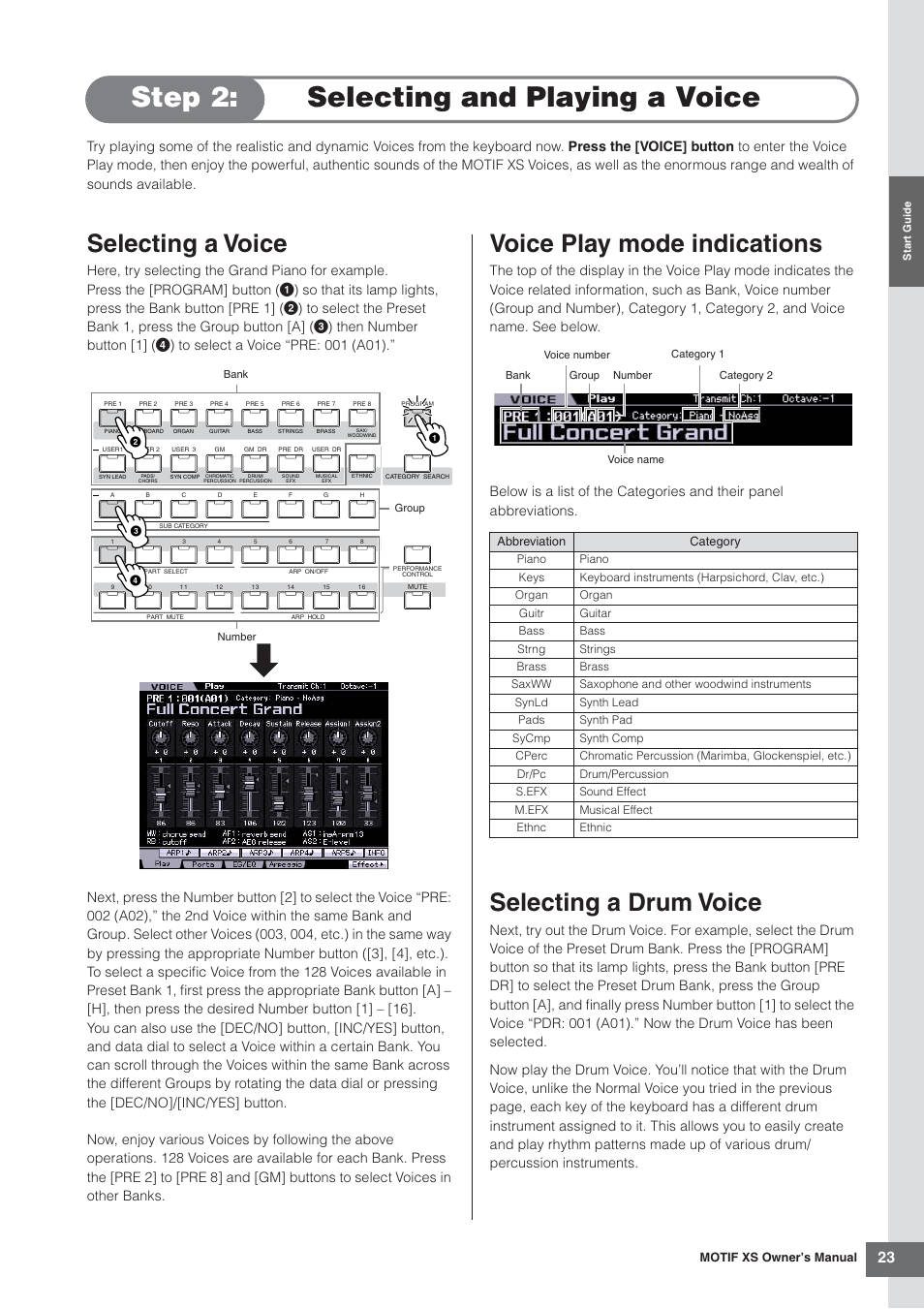 Step 2: selecting and playing a voice, Selecting a voice, Voice play mode indications | Selecting a drum voice, Es 23 and 88) | Yamaha MOTIF XS7  EN User Manual | Page 23 / 320