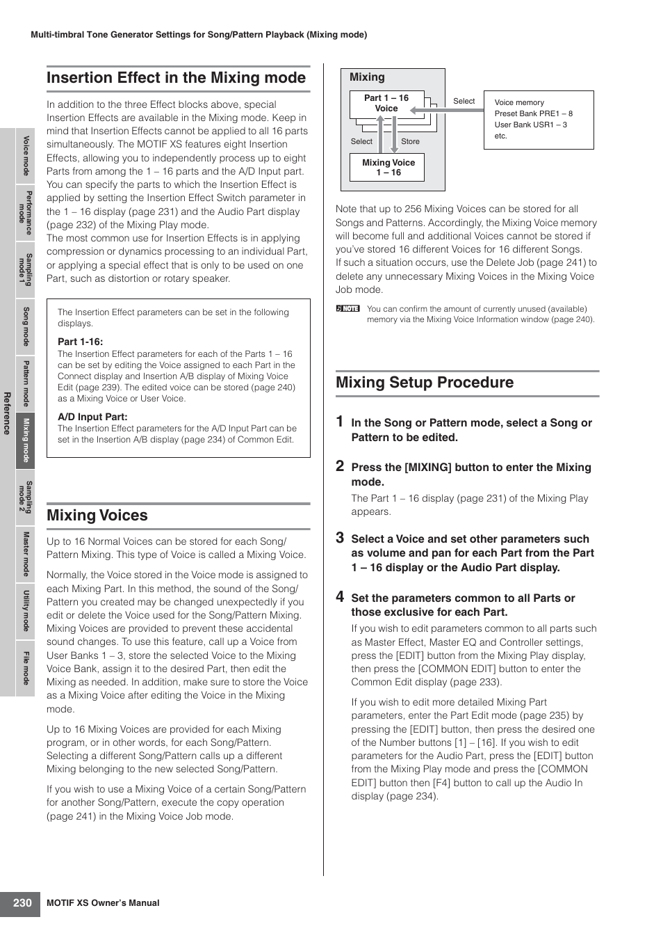 Insertion effect in the mixing mode, Mixing voices, Mixing setup procedure | Mixing setup procedure 1 | Yamaha MOTIF XS7  EN User Manual | Page 230 / 320