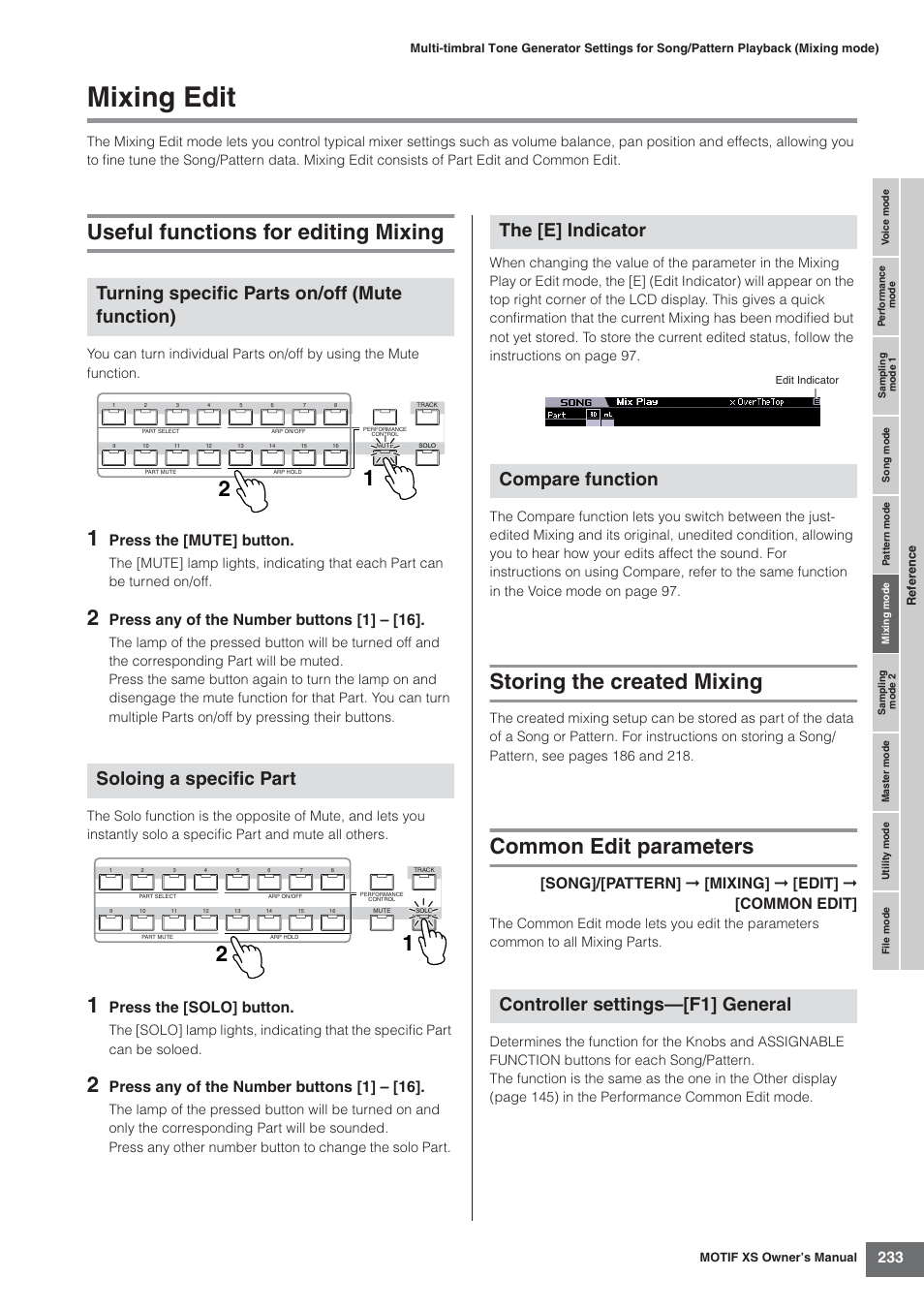 Mixing edit, Useful functions for editing mixing, Storing the created mixing | Common edit parameters, Press the [mute] button, Press any of the number buttons [1] – [16, Press the [solo] button, Song]/[pattern] ➞ [mixing] ➞ [edit] ➞ [common edit | Yamaha MOTIF XS7  EN User Manual | Page 233 / 320