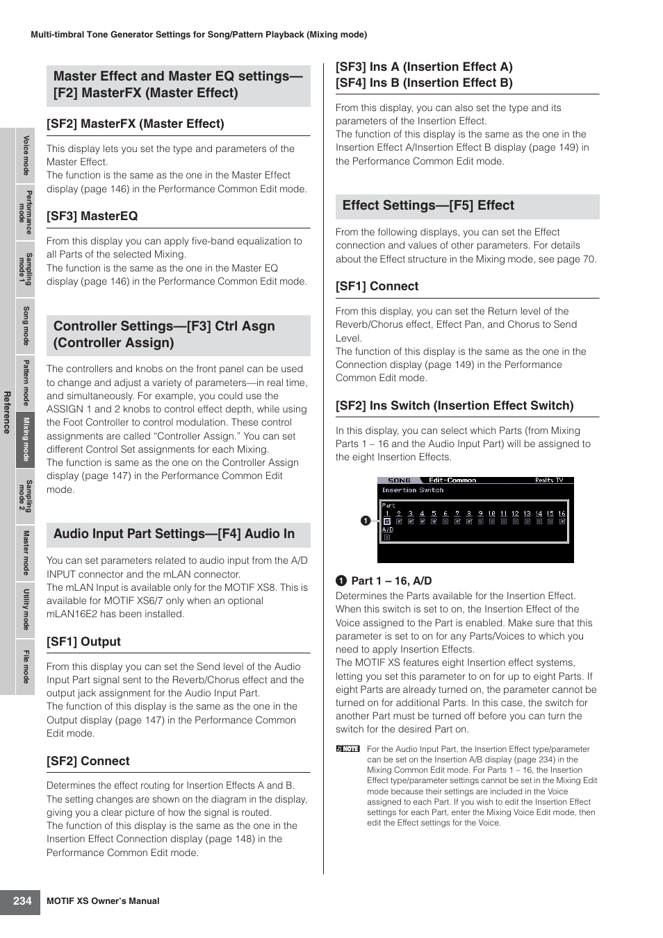 Sf2] masterfx (master effect), Sf3] mastereq, Sf1] output | Sf2] connect, Sf1] connect, Sf2] ins switch (insertion effect switch) | Yamaha MOTIF XS7  EN User Manual | Page 234 / 320