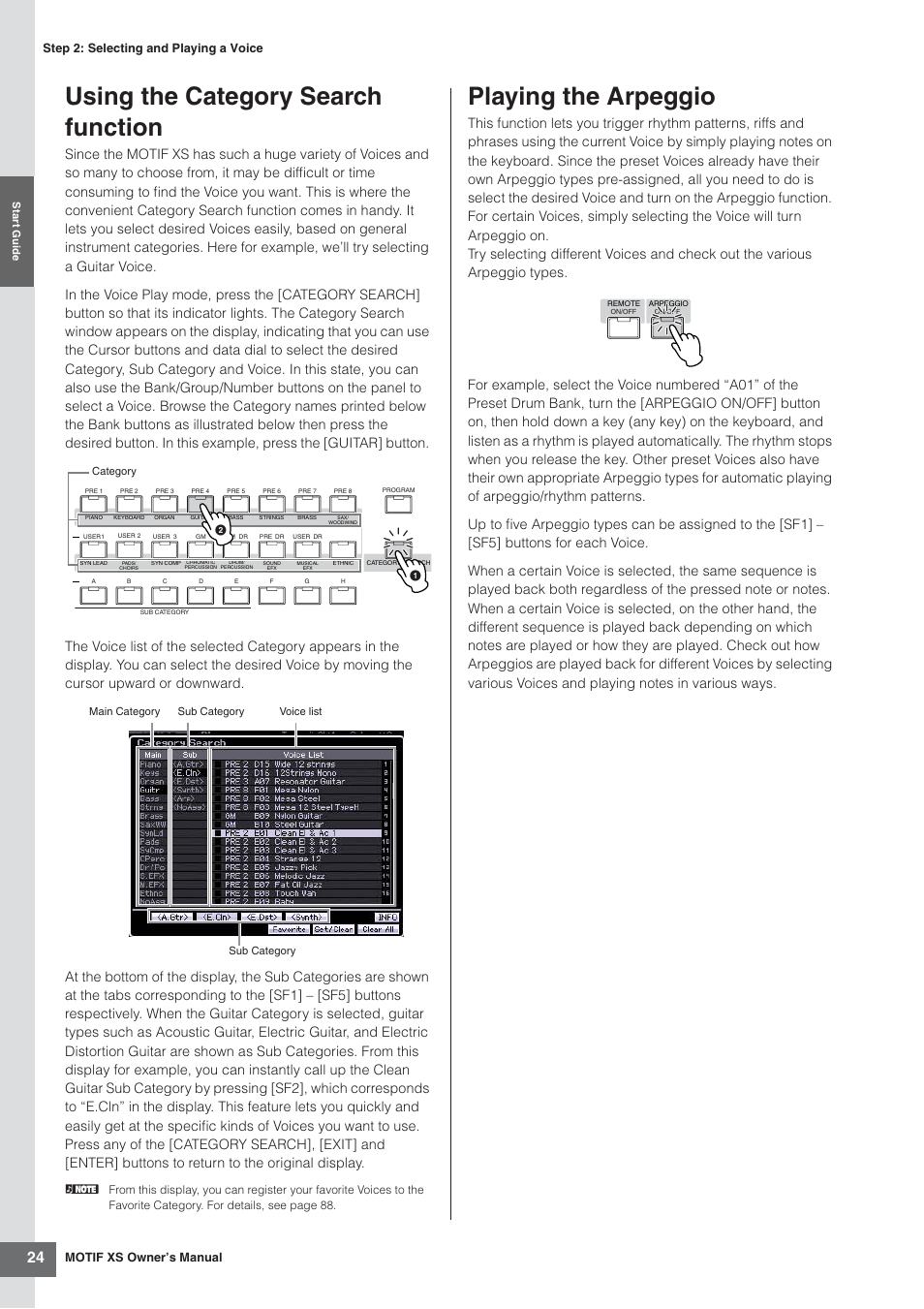 Using the category search function, Playing the arpeggio, 24 and | Yamaha MOTIF XS7  EN User Manual | Page 24 / 320