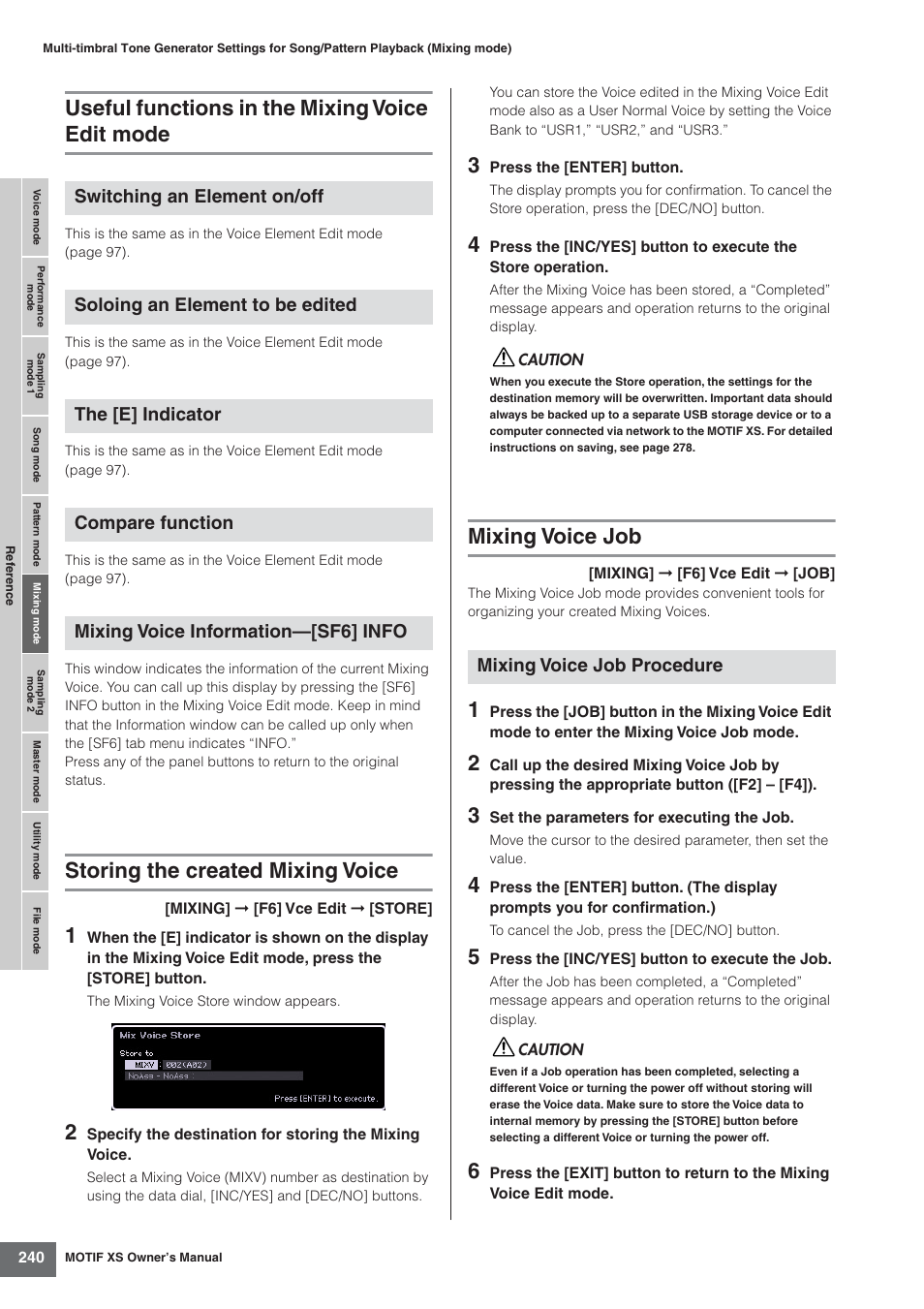 Useful functions in the mixing voice edit mode, Storing the created mixing voice, Mixing voice job | Yamaha MOTIF XS7  EN User Manual | Page 240 / 320